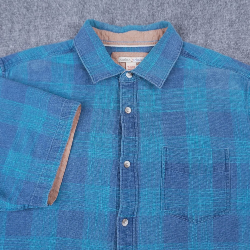Carbon2Cobalt Button Up Shirt Mens Large Blue Plaid Short Sleeve Textured Cotton